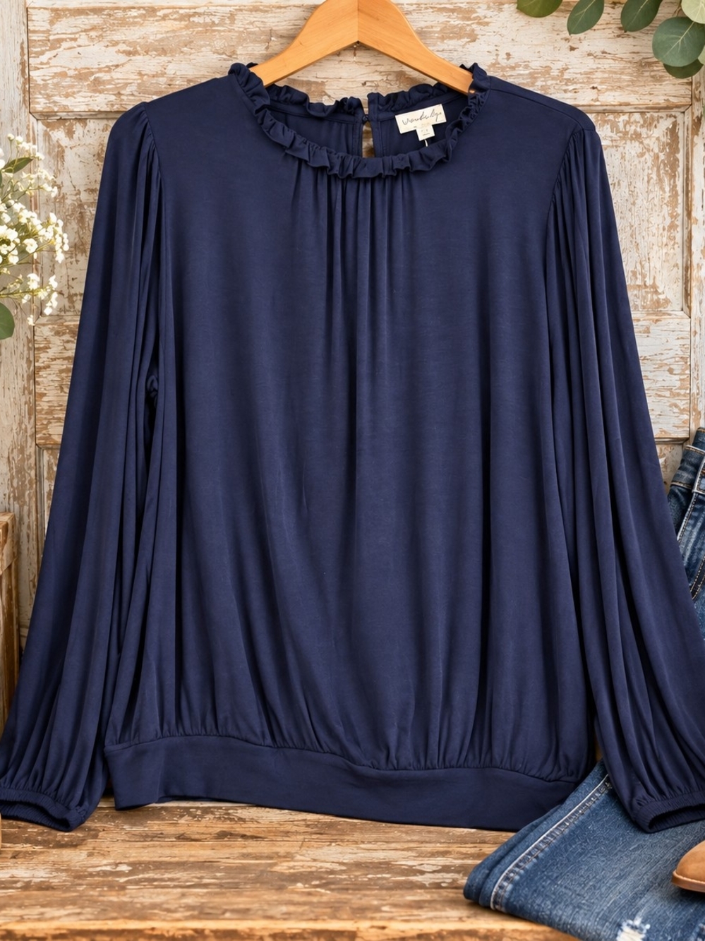 Wonderly Women’s 1X NWT Navy Blue Ruffle Neck Long Sleeve Blouse